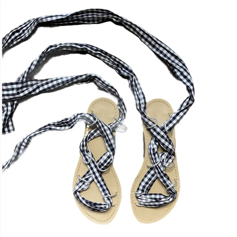 Zara | Gingham Black & White Tie Strap Sandals - Picture 3 of 7